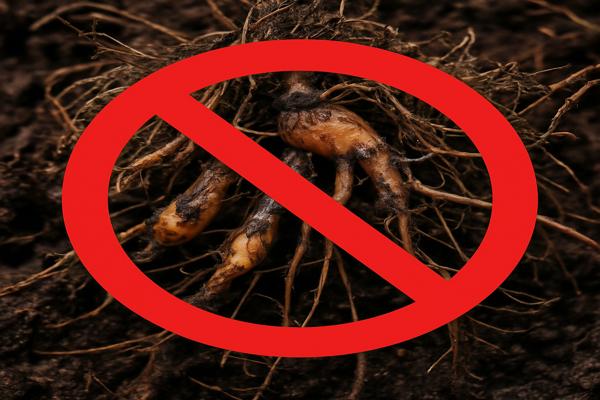 a close up of root rot with a prohibition sign